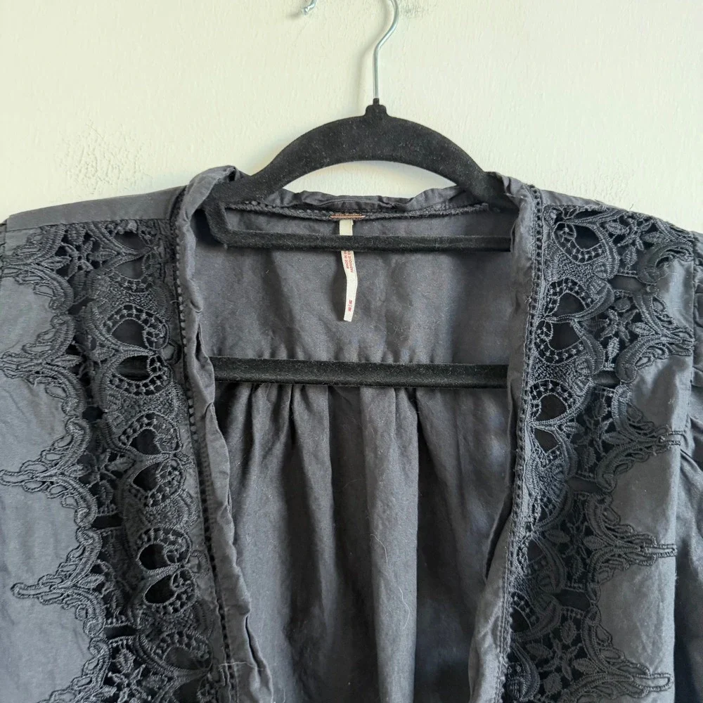 Free People Louella Black Lace‎ and Embroidered Button Front Cotton Top Medium